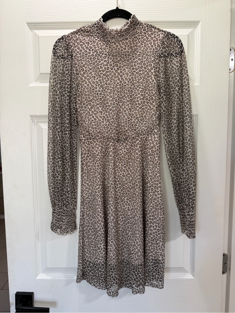 Smocked High-Neck Leopard Print Long-Sleeve Dress - Taupe